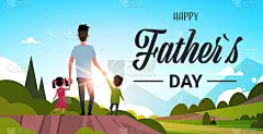 快乐的父亲节家庭节日女儿和儿子牵着父亲的手站在后面看日落概念贺卡