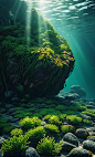 00168-353673362-instagram photo,Hyperrealism,cinematic,realistic,4K,bright light and shadow,Cinematic light,a huge rock,under water,there is a l