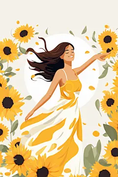 向日葵女生扁平风水果女孩人像插画