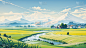 风光系列扁平风乡村稻田房屋远山白云插画