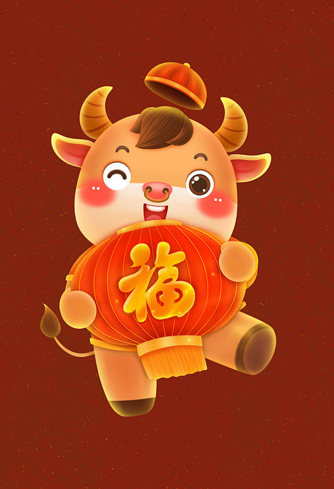 可爱q版牛年乐乐牛抱灯笼福气满满