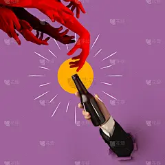 艺术品，广告海报，手持啤酒瓶，深色或浅色，冷啤酒孤立在紫色背景。节日的概念，民族传统，十月啤酒节