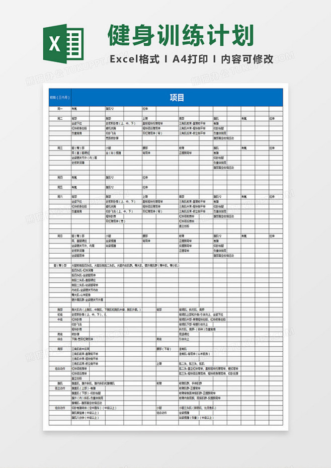个人适合初级健身训练计划表Excel模板...