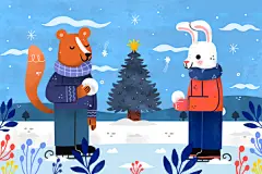 卡通可爱手绘冬季冬天小动物滑冰堆雪人趣味儿童插画ai设计素材-淘宝网
