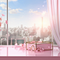 a pink box with flowers in it, in the style of grandiose cityscape views, with white curtains，anime inspired, glass as material, soft and dreamy atmosphere, spectacular backdrops, playful details, spatial concept