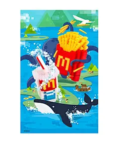 麦当劳25周年玩具展于2015年10月22日-11月1日期间在上海正大广场开幕。
ElloWorld为Mcd的微信平台创作了麦当劳Xnanoblock 小镇插画及一系列创意插画。
?
如果有一颗星球名叫派，比邻而居着巨无霸星球，你会不会开着飞碟偷吃几口？
在一个鲸鱼守护着的小岛上，大章鱼和海盗船正在抢夺薯条，会发生怎样的连锁事件？#创意# #插画# #海报#@北坤人素材