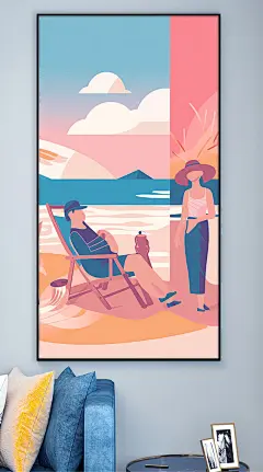 夕阳日落扁平风夏季海边装饰画