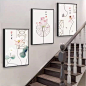 楼梯楼道楼梯间装饰画新中式花鸟荷花复式楼壁画三联客厅过道挂画-淘宝网