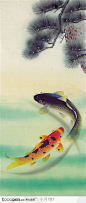 中国国画之水族世界-松树与两条鱼