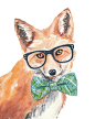 Original Fox Watercolor Painting - 8x10 Watercolour, Hipster Glasses, Bow Tie, Nerdy Animal