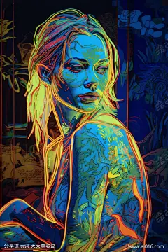 一个女人的霓虹灯画_提示词查看_Midjourneyai绘图工具关键词描述词咒语_896X1344像素-肖像,条纹画,镭射,霓虹,滤镜,人物,女人,原画,欧普艺术,涂鸦,写实-提示词编号:2023060709426874-绘ai-www.ai016.com