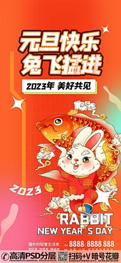 qq282753422023卡通兔年元旦新年海报 (2)