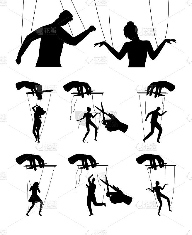 操纵木偶的手控制。人类操纵图形为世界政府控制或企业主人掌握概念 
