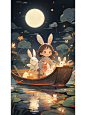 ai绘画丨中秋节兔子赏月插画海报丨附关键词