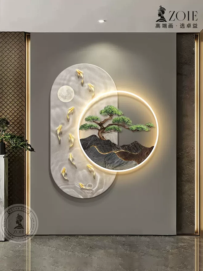 迎客松新中式玄关装饰画入户带灯立体壁饰高档客厅沙发背景墙挂画-tmall.com天猫-花瓣网