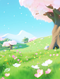 tree on the grass screenshot 4, in the style of cute and dreamy, pastel, 8k 3d, flower and nature motifs, cute cartoonish designs, selective focus, meticulous design