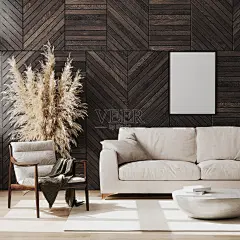 空白海报框模拟在现代客厅室内木制墙板，木制椅子和米色沙发，装饰，客厅室内设计背景，3d渲染图片-商业图片-正版原创图片下载购买-Veer图库