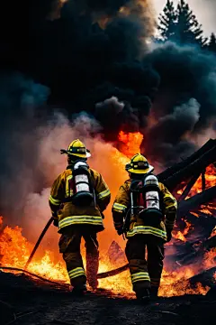 火焰燃烧消防员救火背影摄影图片