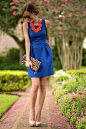 blue dress, coral necklace, nude pumps and animal print clutch = simple yet fashion saavy
