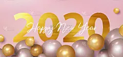 新年祝福横幅与金色和银灰色飞行的3d圆形球体在浅粉色的背景和纹理金色数字2020。