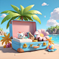 3d-illustration--a-open-empty-suitcase-on-seaside--coconut-tree--blue-sky--cloud--flowers--3d--summer-background--sea--tropical-leaf--rendered-in-C4D--as-a-3D-scene-displaying-a-product