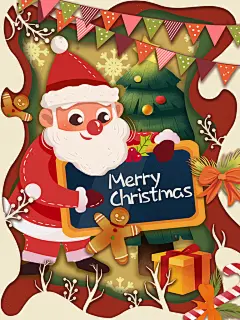 圣诞节插画圣诞老人圣诞树平安夜快乐海报