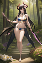 Highly detailed and simple art, art station, extremely detailed CG unified 8k wallpaper, masterpiece, best quality, official art, {extremely delicate and beautiful}, CG, bikini, with weapons, oriental face, female devil, whole body, forest background, flo