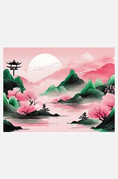 粉绿风景水墨画AI数字艺术-众图网