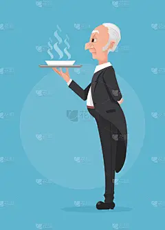 保持与汤盘托盘的黑色礼服的管家。矢量平面卡通插画