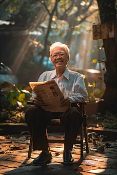关注老年人阳光下看报图片