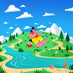 一个女性正坐在草坪上喝咖啡，简单的图形特征，粗壮可爱的四肢，在礼盒内上，简单可爱的动作，诙谐可爱，可爱的小孩在旁边运动，简单的图形，高饱和度的颜色，韩国插图 (2)