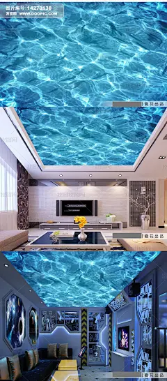 蓝色海洋水族馆主题天顶壁画