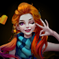 General 1920x1907 Zoe (League of Legends) League of Legends video games video game art video game girls women redhead long hair looking at viewer wink purple eyes smiling scarf dark background fan art artwork painting portrait digital art illustration Jin