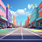 An empty parking lot (no vehicles) with an auto mechanics factory in the background, bright colors, Pixar style