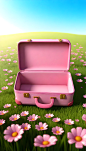 A-open-empty-pink-suitcase-on-the-wide-grass-surrounded-by-flowers--in-front-view--high-view--the-suitcase-is-empty-inside--with-sky-blue-background--in-the-cartoon-style--rendered-in-C4D--as-a-3D-sce (2)