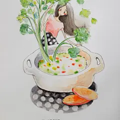 #水彩# #小清新# 《Alina小迪素食簿》中芹菜粥的插画