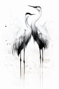 AI数字艺术中国风水墨仙鹤丹顶鹤手绘插画