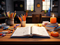 An open book is near some crayons, pencils, and markers, in the style of rendered in unreal engine, softbox lighting, interior scenes, light navy and orange, photorealistic renderings, cartoon mis-en-scene, progressive academia