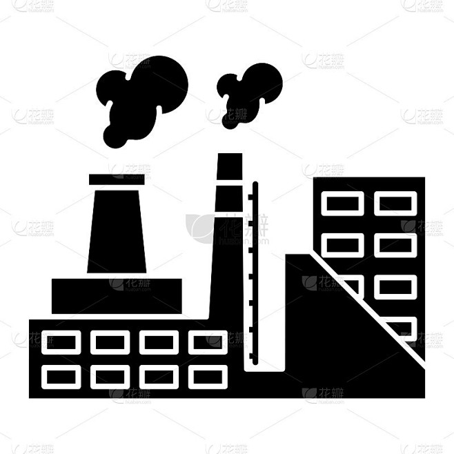 工厂图标。带烟雾的工业建筑。制造对象的黑色轮廓。工业设计厂房