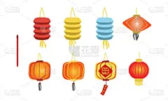 农历新年彩灯云集.简单彩色装饰吊灯平面矢量插图卡通画.中文标签的意思是"新年快乐" 。亚洲农历新年概