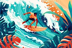 扁平风冲浪清新夏天插画