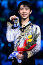 Yuzuru Hanyu of Japan pose for the media during the medals ceremony during day three of the ISU Grand Prix of Figure Skating Final 2014/2015 at...