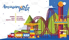游乐园海报模板。适合家庭时间的平面景点和旋转木马.