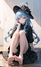 04435-4221830751-feet, barefoot, soles, virtual_youtuber, 1girl, hat, solo, blue_hair, long_hair, toes, dress, ahoge, looking_at_viewer, sitting