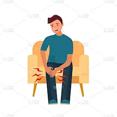 年轻人有膝盖痛，腿痛在白色背景上平面设计。男人用手摸腿，按摩肌肉来放松。