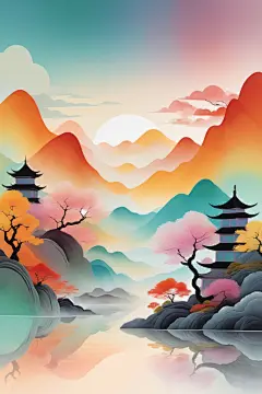 水墨江南风国潮山水插画背景图