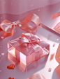 pink boxes and a bow on a white background, in the style of daz3d, soft edges and blurred details, cyril rolando, glass as material, valentine hugo, flat, limited shading, contest winner