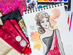 时装设计师的材料样品和手绘插图