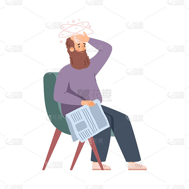 老人在扶手椅上感到虚弱和疲惫，平面矢量插图孤立。