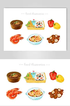 虾子辣椒篮子手绘美食小吃插画素材